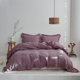 Simple&Opulence 100% Linen Duvet Cover Set, 3 PCS Natural French Flax Purple Ruffle Duvet Cover Queen Size, Breathable Comfy Linen Bedding Comforter Cover with 2 Pillowcases (Purple, 88" X 92")