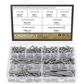 Kindroufly 317 Pieces #6#8#10#12 Phillips Pan Head Self-Tapping Screws, Wood Screws Assortment Kit, 304 Stainless Steel