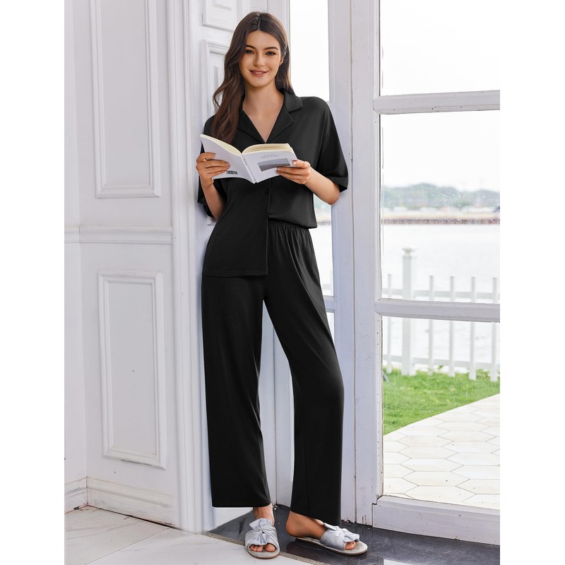 Ekouaer Women Pajamas Set Button Down Sleepwear Short Sleeve Pjs