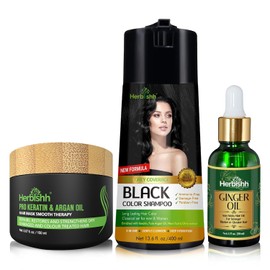 Herbishh Hair Color Shampoo for Gray Hair – Hair Dye Shampoo and Conditioner + Ginger Oil 30mL Hydrating Hair Oil + Pro Keratin Argan Oil Hair Mask for Dry, Damaged Hair 150mL (Black Brown)