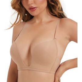 HACI Plunge Deep U Bra for Women Push Up Cleavage Seamless Low Neckline Padded Red Carpet Convertible(38C, Beige)