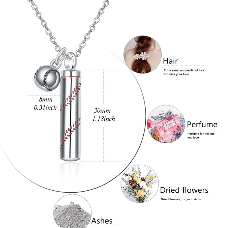 PRAYMOS Baseball Urn Necklace for Ashes 925 Sterling Silver Cremation