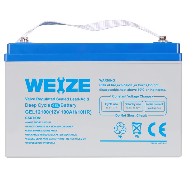 WEIZE 12V 100AH Deep Cycle Gel Battery Rechargeable for Solar, Wind, RV, Marine, Camping, Wheelchair, Trolling Motor and Off Grid Applications
