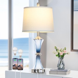 Rinweey Blue Glass Table Lamp with USB C+A Ports & AC Outlet,Coastal Bedside Lamp for Night Stands Bedroom Living Room,Nightstand Lamp LED Bulbs Included,Single Blue