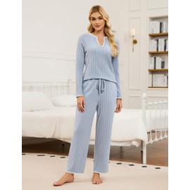 Blooming Jelly Womens 2 Piece Pajama Sets Cotton Matching Fleece Lounge Sets Fall Long Sleeve Sleepwear (XL, Blue Grey)
