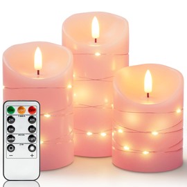 Homemory Flameless Candles with String Lights, 3 Pack Embedded Fairy String Lights LED Candles, Electric Flickering Candles with Remote Control and Timer, Real Wax, Pink