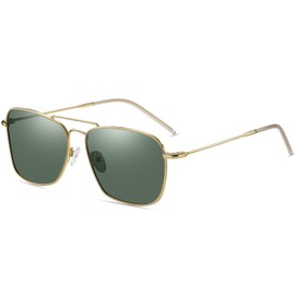 DUCO Reverse Lenses Square Sunglasses for Men Women,Retro Polarized Sun Glasses Classic Shades Double Bridge DC3046 (Gold Frame Dark Green Lens)