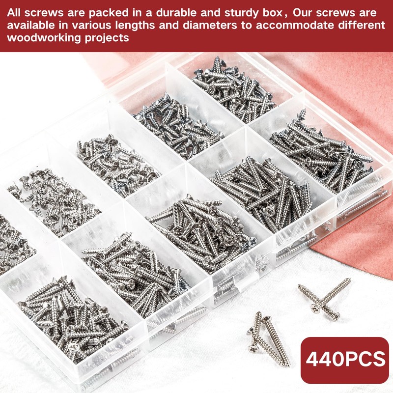 Zmbroll M3 Self Tapping Screw Silver Wood Screws 440Pcs Countersunk