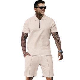 LUYCBS Mens Track Suits 2 Piece Sets Short Sleeve Sweatsuit Outfits 1/4 Zip Mens Athletic Jogging Outfits Summer Mens Outfits Beige XX-Large