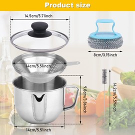 Stainless Steel Fat Separator 4 Cup/1000ML Gravy Grease Separator with Strainer and Glass Lid, Soup Oil Separator Cup for Cooking, Oil Soup Separator Strainer Pot for Kitchen