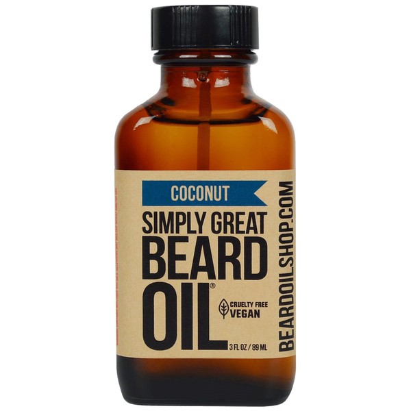 Simply Great Beard Oil - COCONUT Scented Beard Oil - Beard Conditioner 3 Oz Easy Applicator - Natural - Vegan and Cruelty Free Care for Beards - America's Favorite - Gifts for Men with Beards