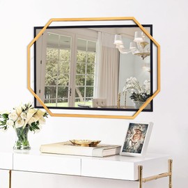 Autdot Large Wall Mirror for Living Room, 40"x28" Decorative Black Gold Mirror for Entryway, Modern Vanity Mirror with Metal Frame Horizontal/Vertical