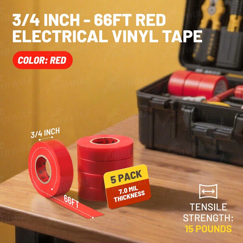RED WOLF Red Electrical Tape 3/4 Inch x 66 Ft