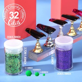Teenitor Glitter, Fine Glitters and Holographic Chunky Glitters,Glitter for Nails, Glitter Slime, Assorted Glitter, Festival Glitter for Nail Face Hair Body , Glitter for Resin Tumblers, 16+16pcs