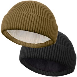 ROYBENS 2PCS Wool Short Fisherman Beanie for Men Women, Cuff Knit & Fleece Lined Swag Winter Warm Hat Soft Beanies Skull Cap Unisex