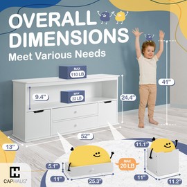 CAPHAUS Toy Storage Organizer w/ 4 Drawers, 52”W x 13”D x 24.4”H, Toy Organizer Bookcase, Toy Storage Organizer Bins with Shelf, Bookshelf for Reading, Storing, Playing for Kids, Boys & Girls, White