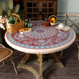 Artbloss - Mantel redondo ajustable con elástico bohemio, impermeable, a prueba de oligos, protector de mesa de vinilo lavable marroquí, para el hogar, pícnic al aire última intervensión (rojo y azul
