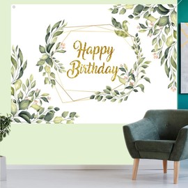 Happy Birthday Backdrop Gold Eucalyptus Green Leaves Birthday Banner Birthday Decorations Happy Birthday Photobooth Props for Birthday Party Supplies for Women 150cm x 90cm