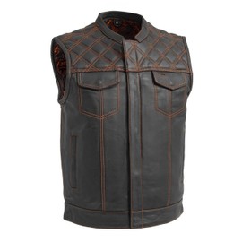 First Mfg Co Downside Men's Leather Vest: Diamond Cowhide, Conceal Carry Pockets, Mesh Lining, Easy Patch Access, YKK Zippers