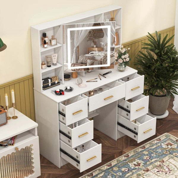 Yamissi Large Makeup Vanity Desk Dressing Table w/ Smart LED