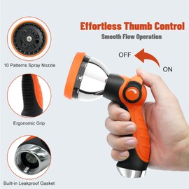 Besiter Garden Hose Nozzle, Hose Sprayer Nozzle with 10 Spray Patterns, High Pressure Water Hose Nozzle Heavy Duty Metal Hand Sprayer for Car Wash, Plants, Pets & Outdoor Cleaning, Orange