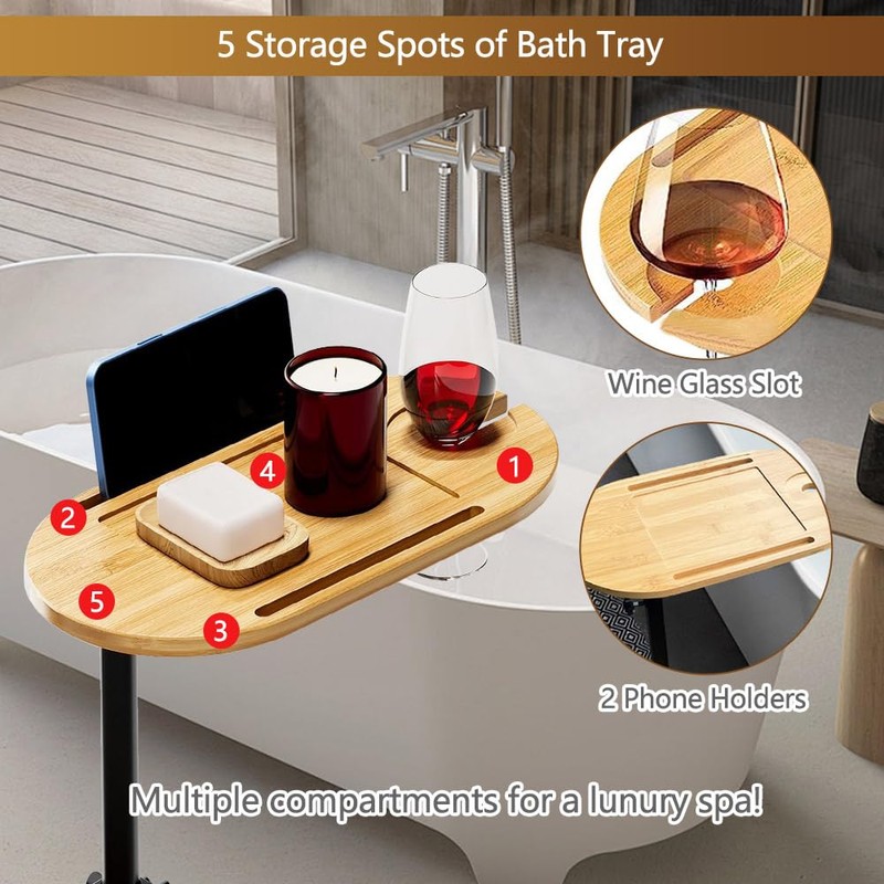 BeGyoku 3 Layer Bathtub Tray Table,Bamboo Swivel Bathtub Side Table