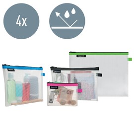 Leitz Set of 4 Leitz Wow Travel Pouches, Water Resistant, Translucent, Ideal for Visible Storage and Organisation, Sizes: Small (A6), Medium (A5), Large (A4) and Cosmetic - Assorted Colours 40160099
