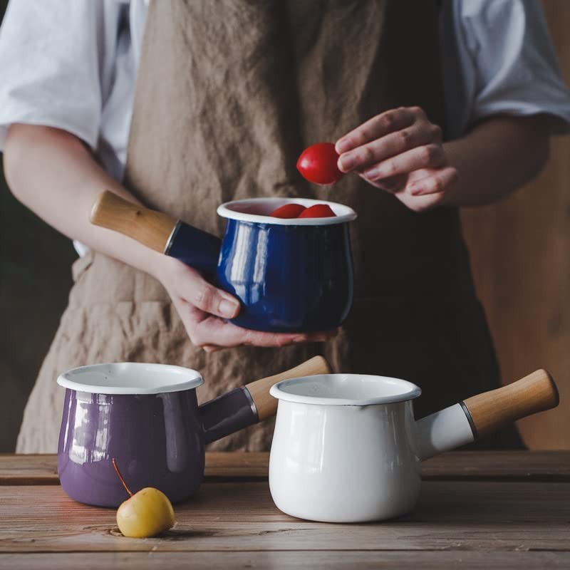 FARCADY 0.6qt Mini Enamel Milk Pot Insulated Wooden Handle 2