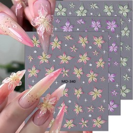 5D Flower Nail Art Stickers Embossed Self-Adhesive Flower Nail Decals Elegant Green Purple Pink Floral Nail Design Supplies Lily Flower Stickers Nail Decoration for Women Girls DIY Manicure 3Pcs