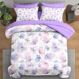 Pamnest Comforter Set Twin Size, Cute Lilac Pink 5 Pcs Bedding for Kids and Adults, Butterfly Cat Purple Bed Sheet Sets with Fitted Sheet Pillowcase & Sham for Bedroom Bed Decor