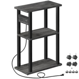 TUTOTAK Small Narrow Side Table with Charging Station, Skinny End Table for Small Spaces, Slim Nightstand with USB Ports and Outlet, Sofa Beside Table with Wheels, Charcoal Grey TB01BY046