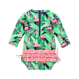 RuffleButts Baby Girls UPF 50+ Sun Protection Tropical Print Long Sleeve One Piece Rash Guard Swimsuit with Zipper - Flamingo Frenzy, 6-12m