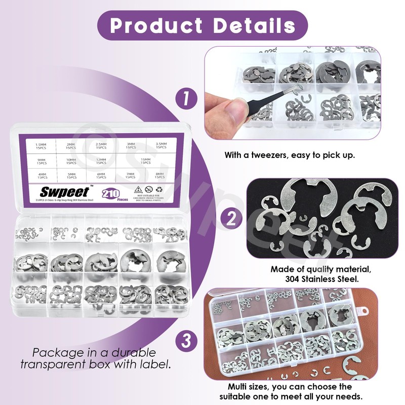 Swpeet 210Pcs 14 Sizes 304 Stainless Steel E-Clip with Tweezers