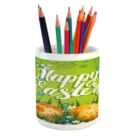 Lunarable Easter Pencil Pen Holder, Cultural Calligraphy with Flowers Petals and Eggs Nature Love Art Image, Printed Ceramic Pencil Pen Holder for Desk Office Accessory, Green Orange