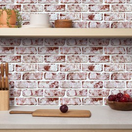 Commomy Retro Red Brick Peel and Stick Tiles - 10 pcs 11.8”x 11.8”Small Size PVC Printable Faux Brick Wallpaper Wall Panels Stick on Tile for Kitchen,Bedroom,Bathroom,Living Room,Fireplace,RV