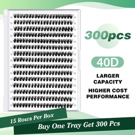 Lash Clusters 300pcs Individual Lashes 40D 0.07D Curl 13mm DIY Eyelash Extension KEYYOU Large Tray Volume Soft&Natural Eyelash Clusters(40D-0.07D,13）