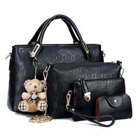 Sipobuy Women 4Pcs Top Handle Satchel Hobo PU Leather Handbag Set Large Tote + Purse + Shoulder Bag + Card Holder Brown (Black)
