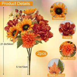 MHMJON 2 Bundles Fall Flowers Artificial for Decoration, Silk Flowers Bouquet Fake Sunflowers with Peony Mums Orange Faux Flowers for Cemetery Grave Home Wedding Party Autumn Thanksgiving Decor (21")