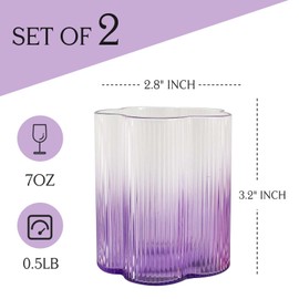 whatAmug Ribbed Drinking Glasses Set of 2 7oz Gradient with Flower Wavy for Adults, Vintage Colored Origami Style Glassware, Vertical Stripes Water Glass for Juice, Cocktail, Iced Coffee