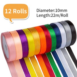 Rainbow Polyester Satin Ribbon, 12 Colour 10mm×22Metre Each Solid Color Double Faced Ribbons for Gift Wrapping, Crafting＆DIY Art, Balloons, Hair Bows, Wedding Decoration