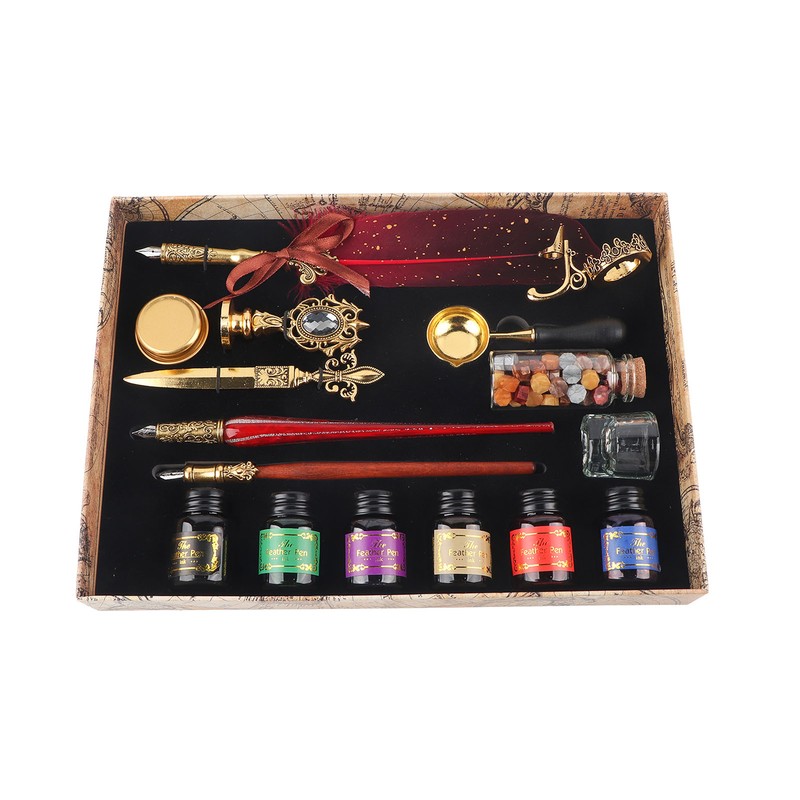 Feather Pen Set European Style British Retro Lacquer Stamp Dipped