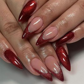 SINHOT Almond Press on Nails Medium Fake Nails Glossy Glue on Nails Wine Red Cat Eye Acrylic Nails Burgundy Glitter Stiletto Artificial Nails French Tip False Nails with Design 24 pcs