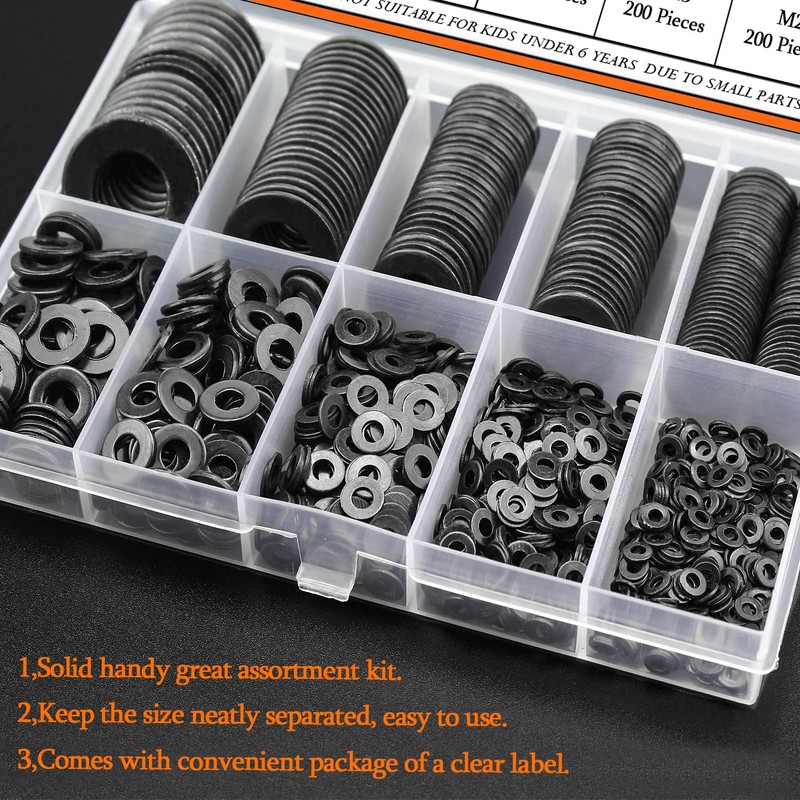 900 Pieces Black Zinc, HELIFOUNER Flat Washers Assorted Kit, Flat