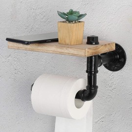 Pipe Toilet Paper Holder - Wall Mounted Industrial Tissue Holder for Bathroom, Washroom with Wooden Shelf and Cast Iron Pipe - Color: Black