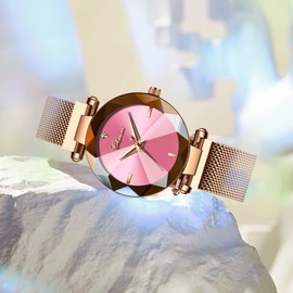 MASTOP Luxury Women Watches Sky Dial Analog Quartz Watch Magnetic Mesh Band Waterproof Wrist Watches for Ladies (Pink)