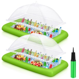 Leitee Inflatable Serving Bar Kit Includes Salad Buffet Tray with Drain Plug Mesh Food Cover Food Drink Containers and Inflator for Ice Supplies Summer Party Camping Picnic(Green)