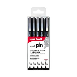 Mitsubishi Pencil - 5 Felt Tip Pens for Writing and Drawing Uni Pin - Calibrated Tip Bag Very Fine to Medium Size for Writing, Drawing, Tracer, Drawing - Black Ink