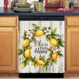 Generic Summer Lemon Wreath Dishwasher Magnet Decoration,Wood Grain Refrigerator Sticker,Oven Magnets Decorative Cover,Farmhouse Kitchen Home Appliance Decorative,Magnets Vinyl Wrap Sheet,23Wx26H