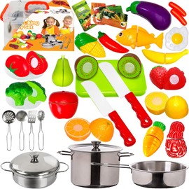 FUNERICA Play Food and Realistic Stainless-Steel Pots and Pans and Utensils - Cutting Fake Food and Pretend Toy Kitchen Accessories Cooking Toy Playset for Toddlers and Kids