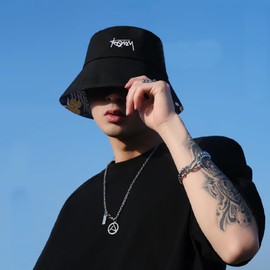 LumiSyne Unisex Reversible Fishing Hat Plain with Letters Embroidery/Hawaiian Style Print Double-Sided Cotton Bucket Hat with Removable Chin Strap Foldable Bucket Hat Sun Hat for Summer Beach Travel,